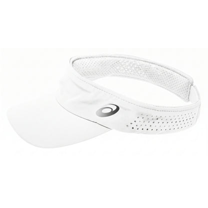 Asics white athletic visor with a brand logo on a light gray background