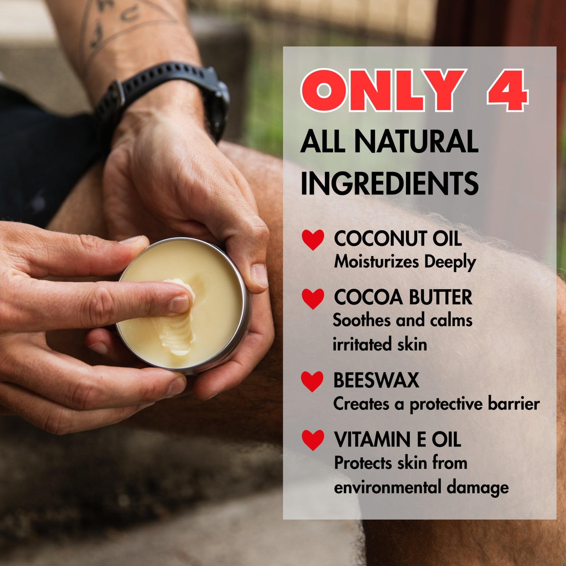 Person holding a tin of balm with natural ingredients listed on a clear background