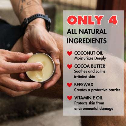 Person holding a tin of balm with natural ingredients listed on a clear background