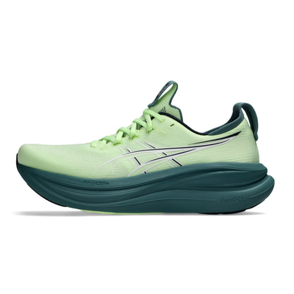Light green Asics running shoe with a dark green sole on a white background