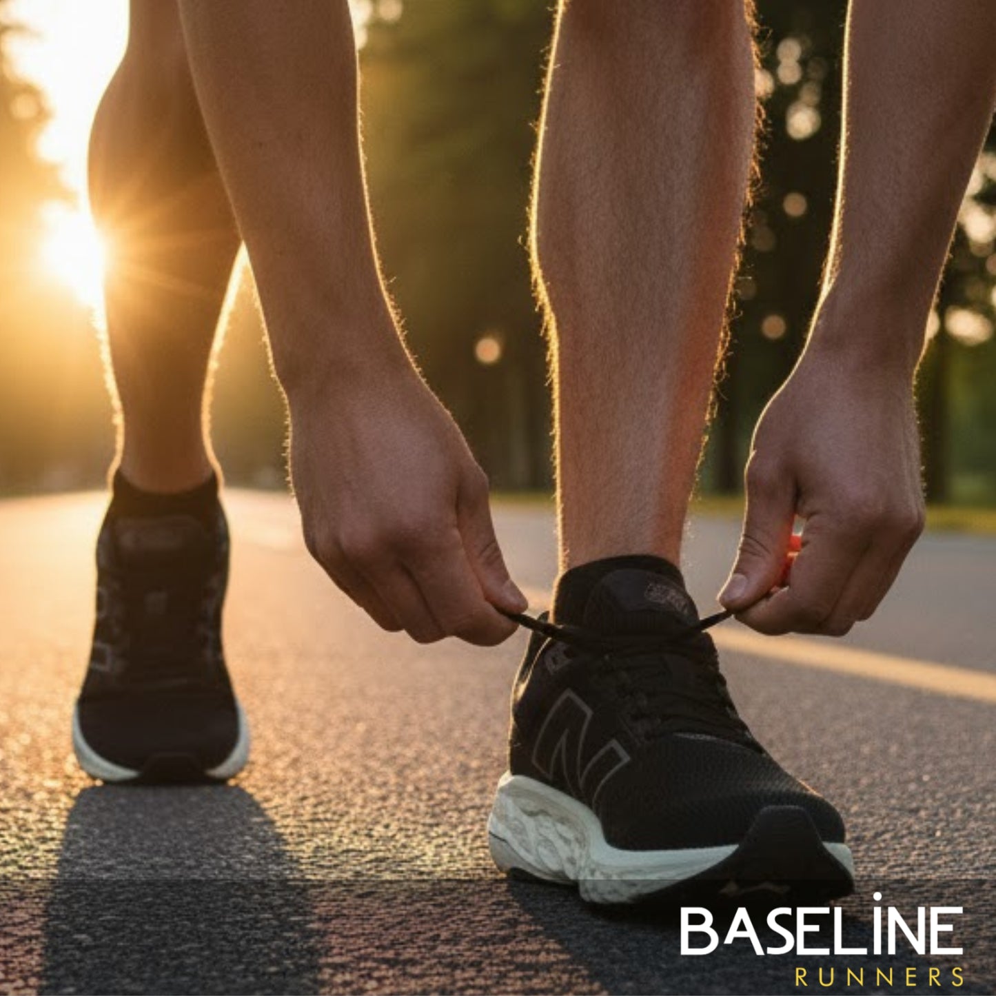 Person tying running shoes on a road with a sunset background, featuring the 'Baseline Runners' brand.