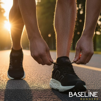 Person tying running shoes on a road with a sunset background, featuring the 'Baseline Runners' brand.