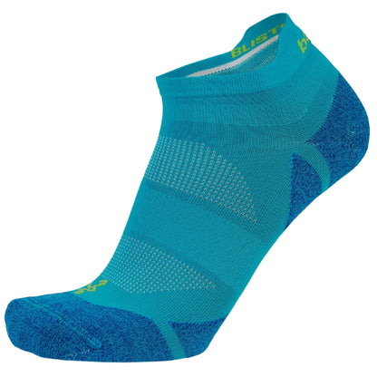 A single low-cut athletic sock in a bright teal color with darker blue textured panels on the heel, toe, and sole, featuring a small yellow-green Bristo logo on the cuff and foot.