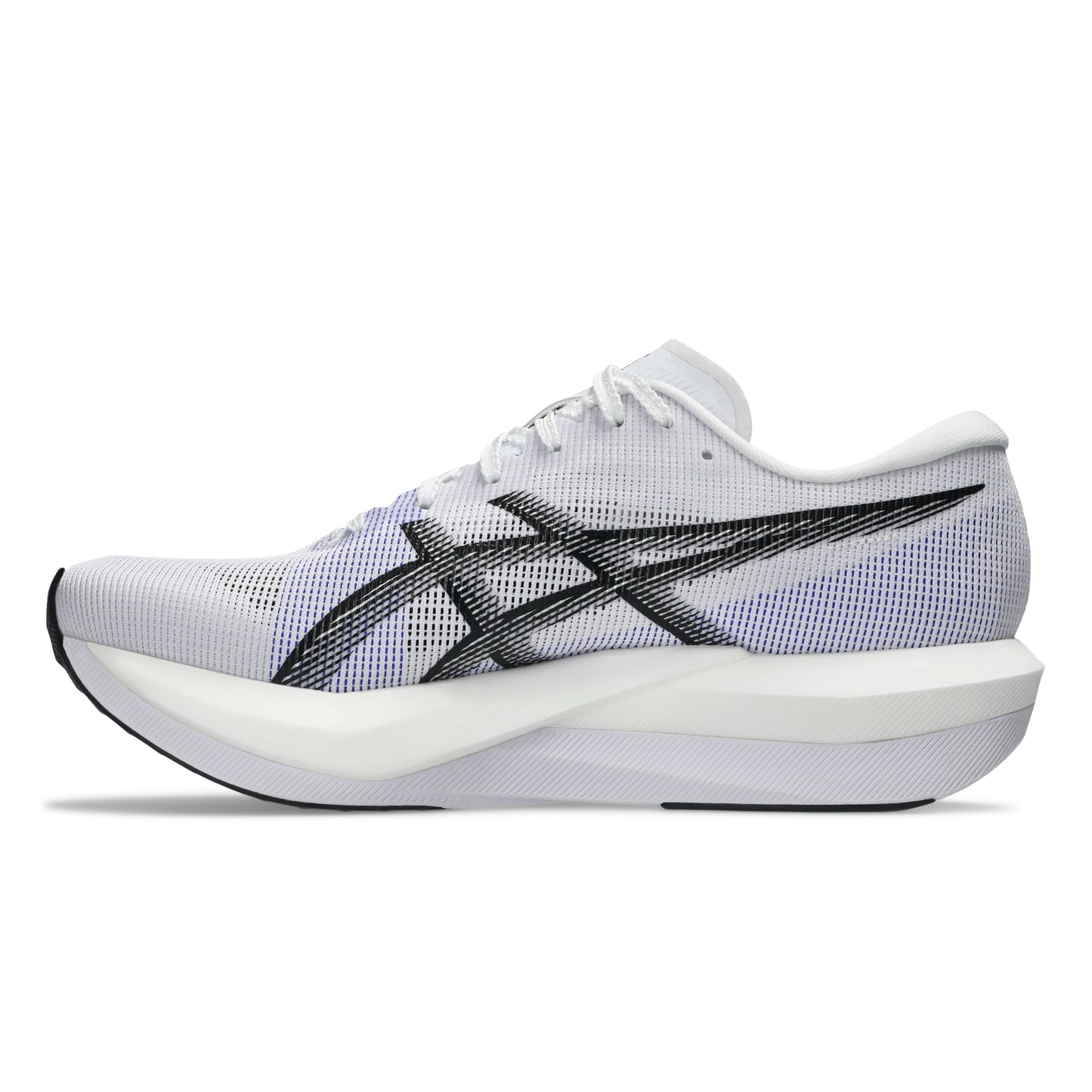 White running shoe with black accents on a white background