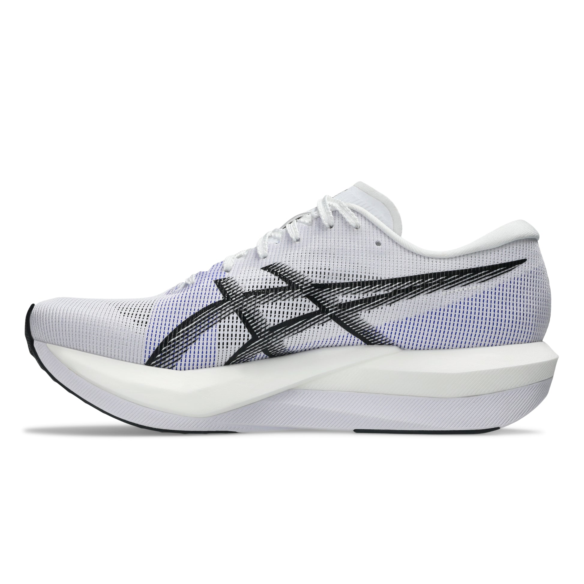 White running shoe with black accents on a white background
