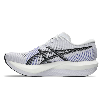 White running shoe with black accents on a white background