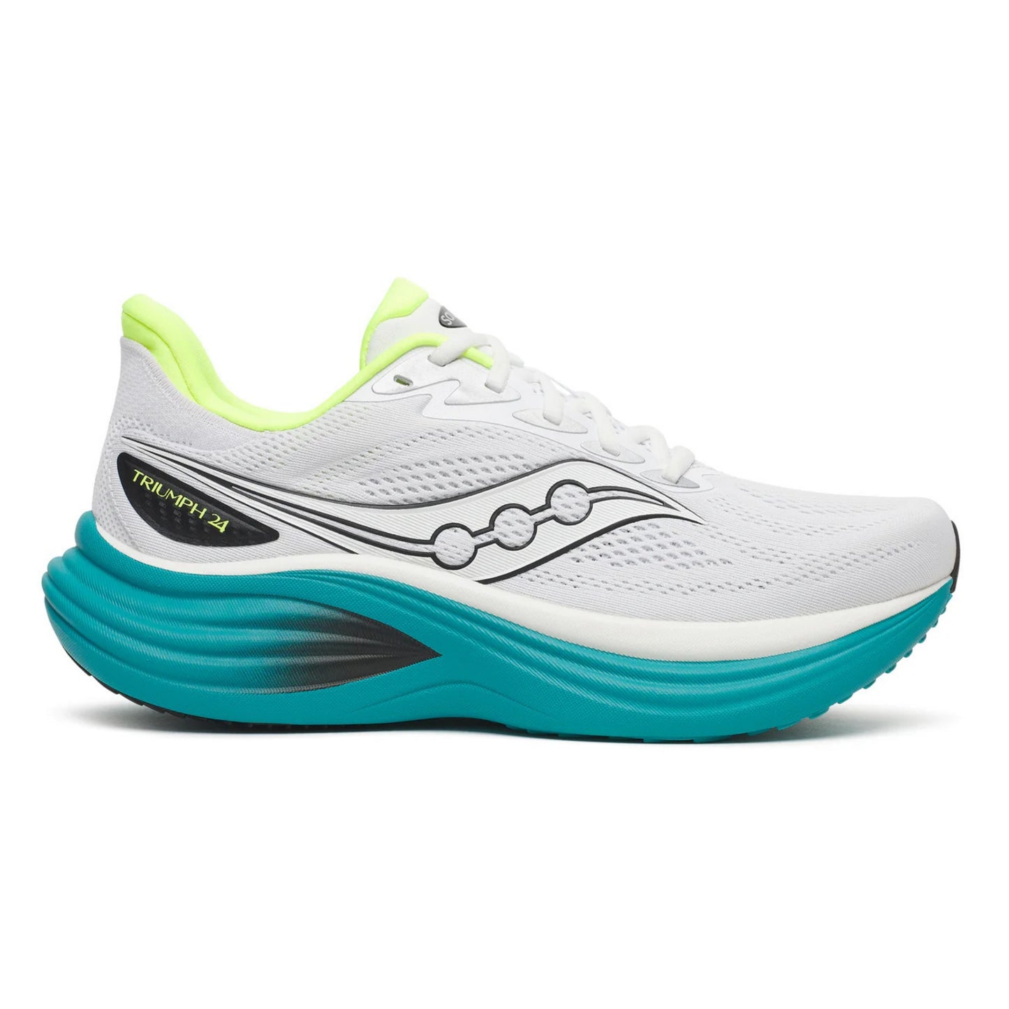 White Saucony running shoe with teal sole on a white background