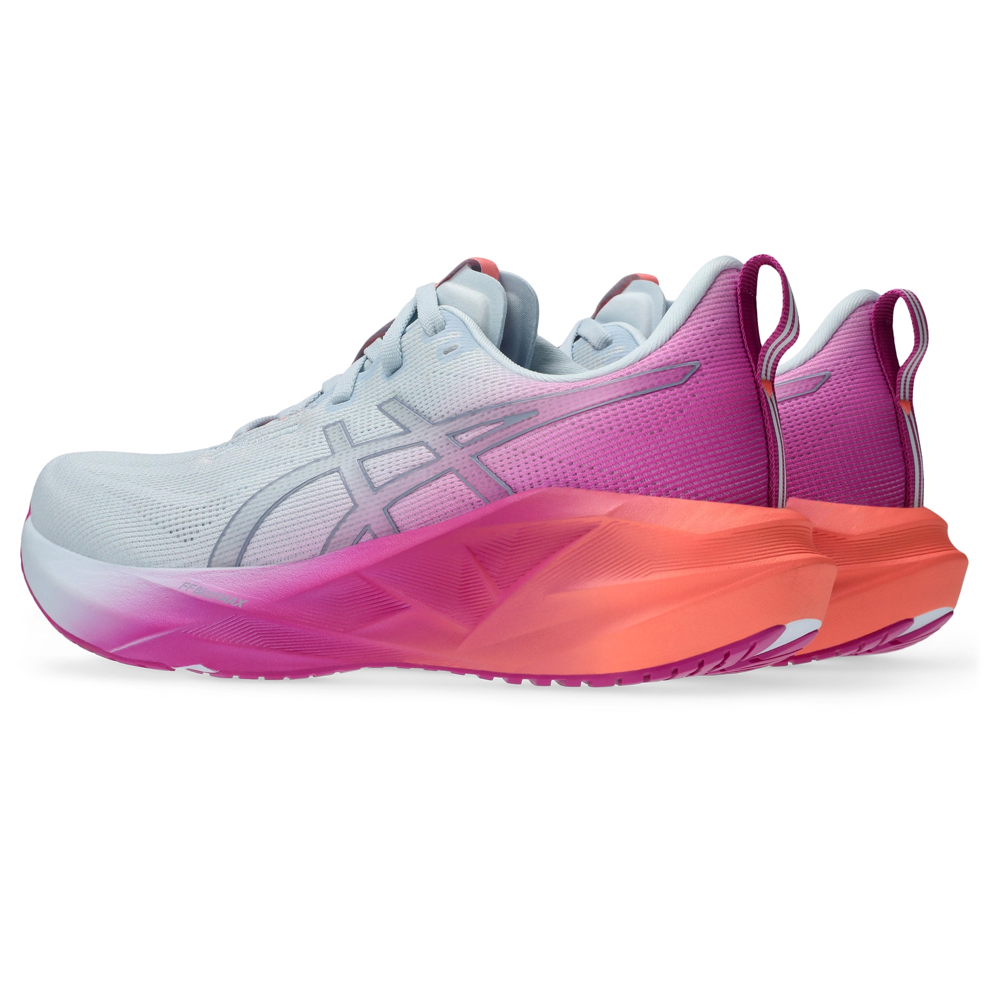 Pair of White and pink Asics shoe with coral accents on a white background