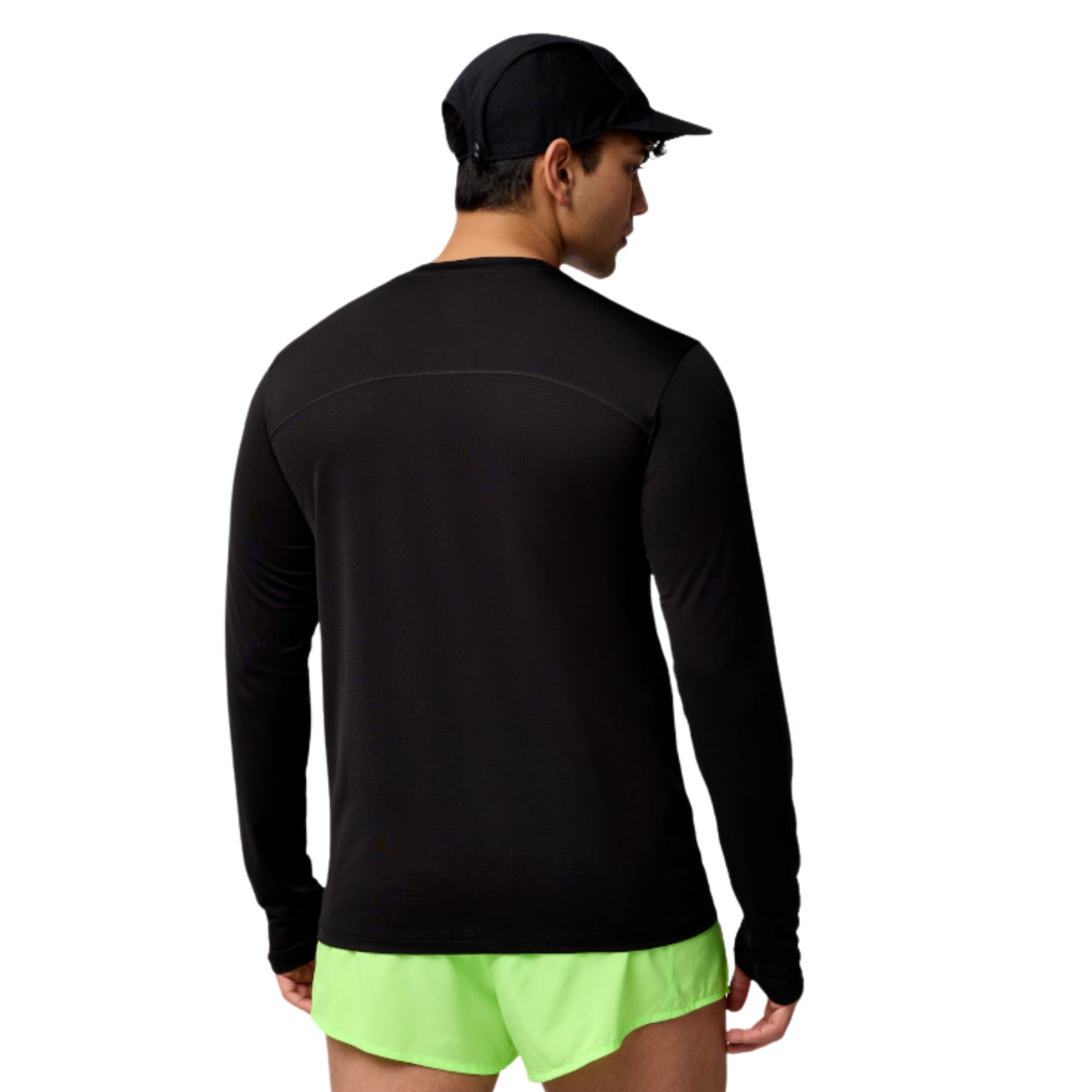 A man wearing a black long-sleeve athletic shirt and a black cap, shown from the back against a plain white background.
