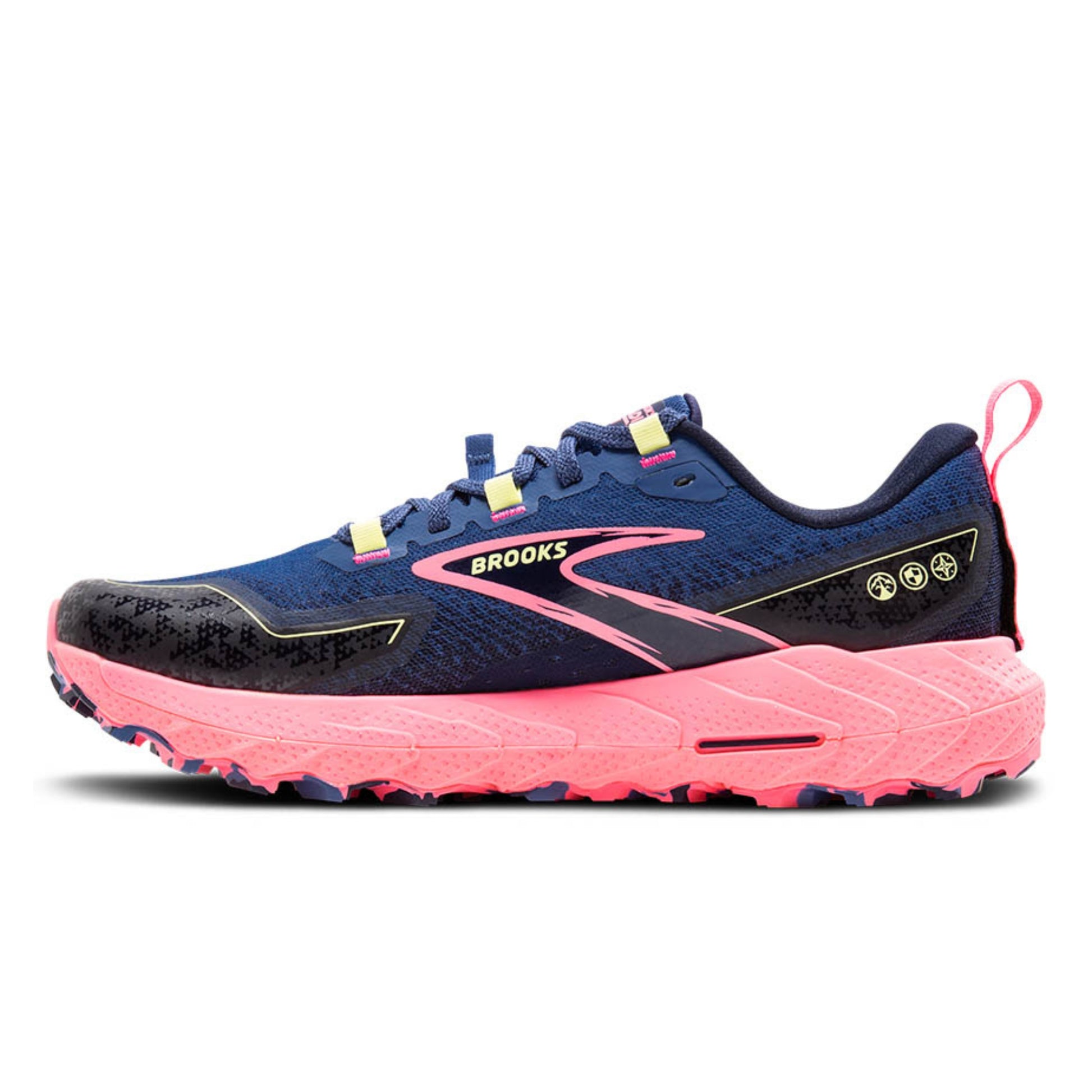 Blue and pink running shoe with 'Brooks' branding on a white background