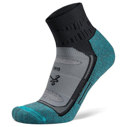 Multicolored sock with a brand logo on a white background