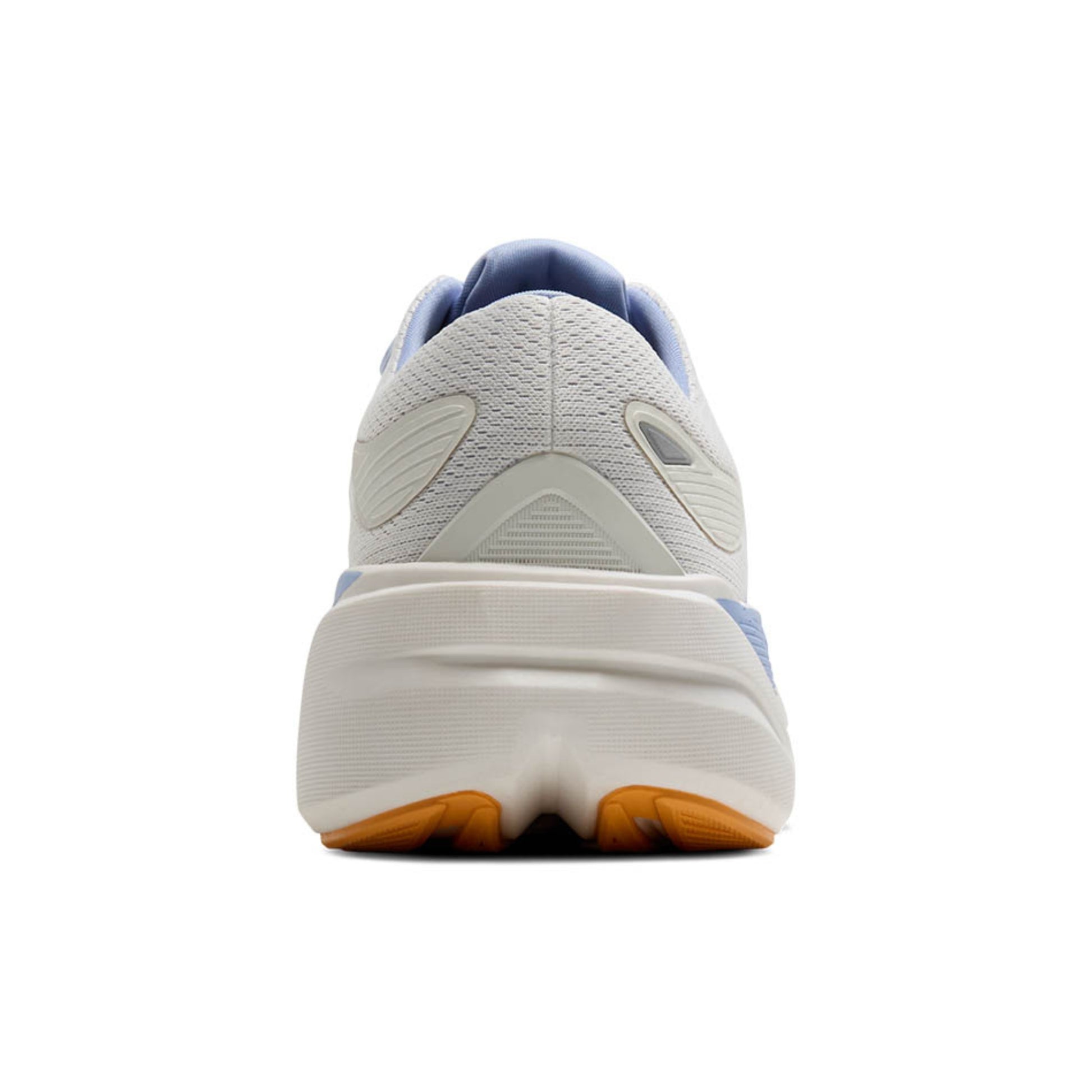 Back view of a running shoe with a white sole and blue accents on a white background