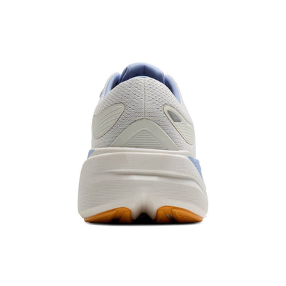 Back view of a running shoe with a white sole and blue accents on a white background