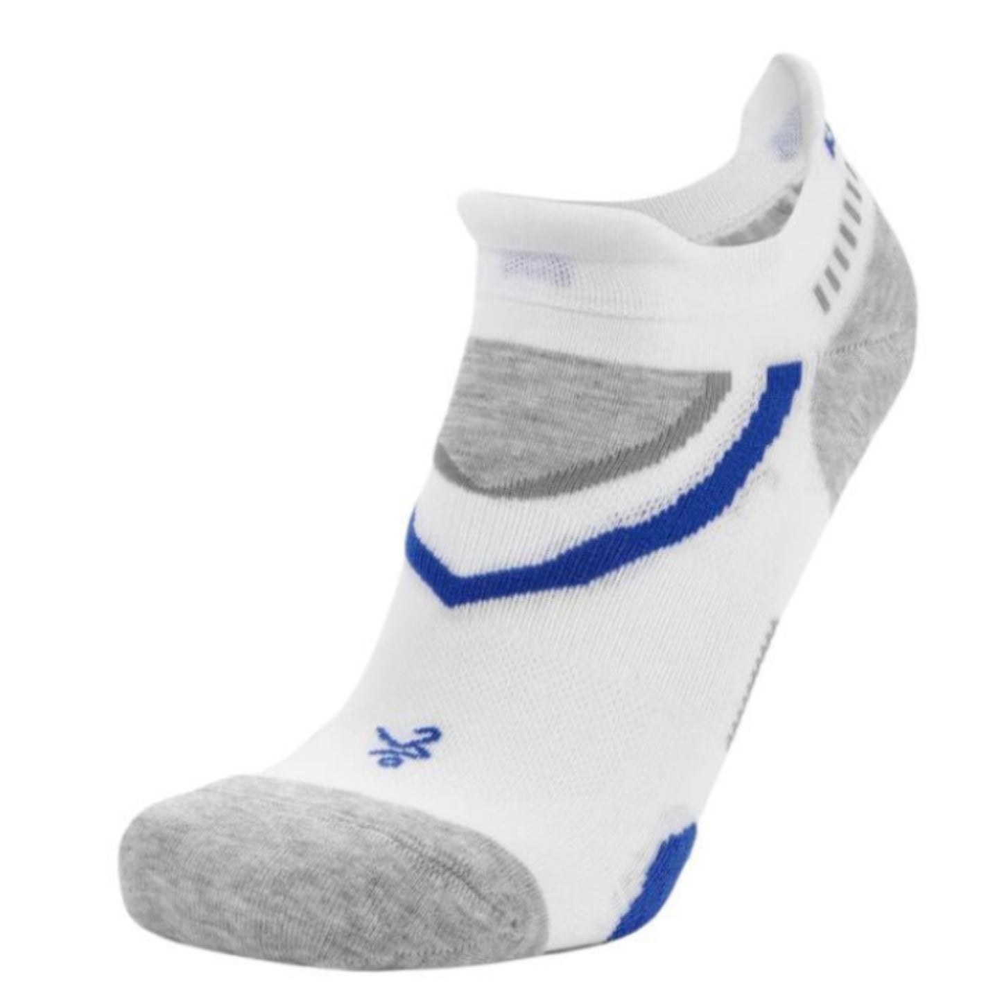White ankle sock with gray and blue accents on a white background