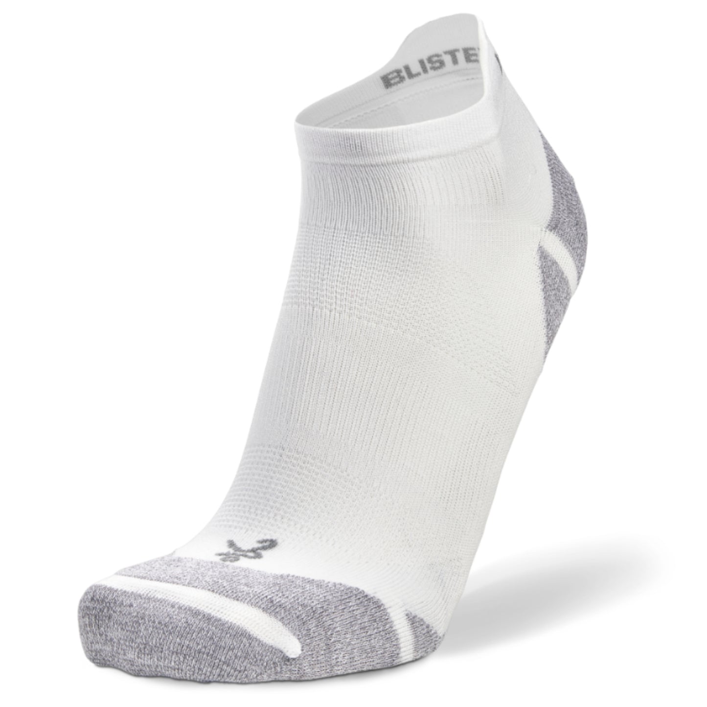 White and gray ankle sock with 'Blister' branding on a white background
