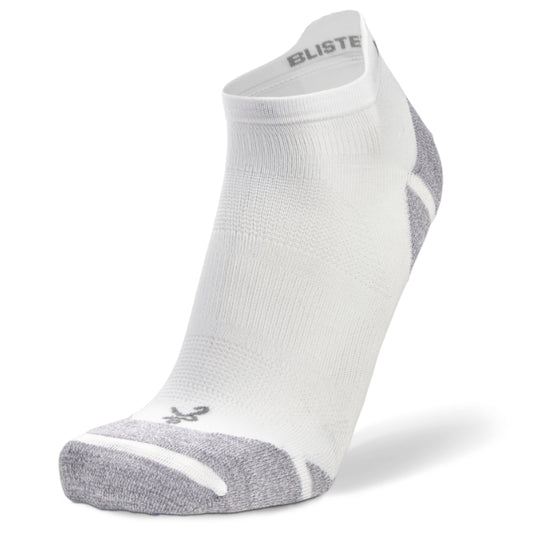 White and gray ankle sock with 'Blister' branding on a white background