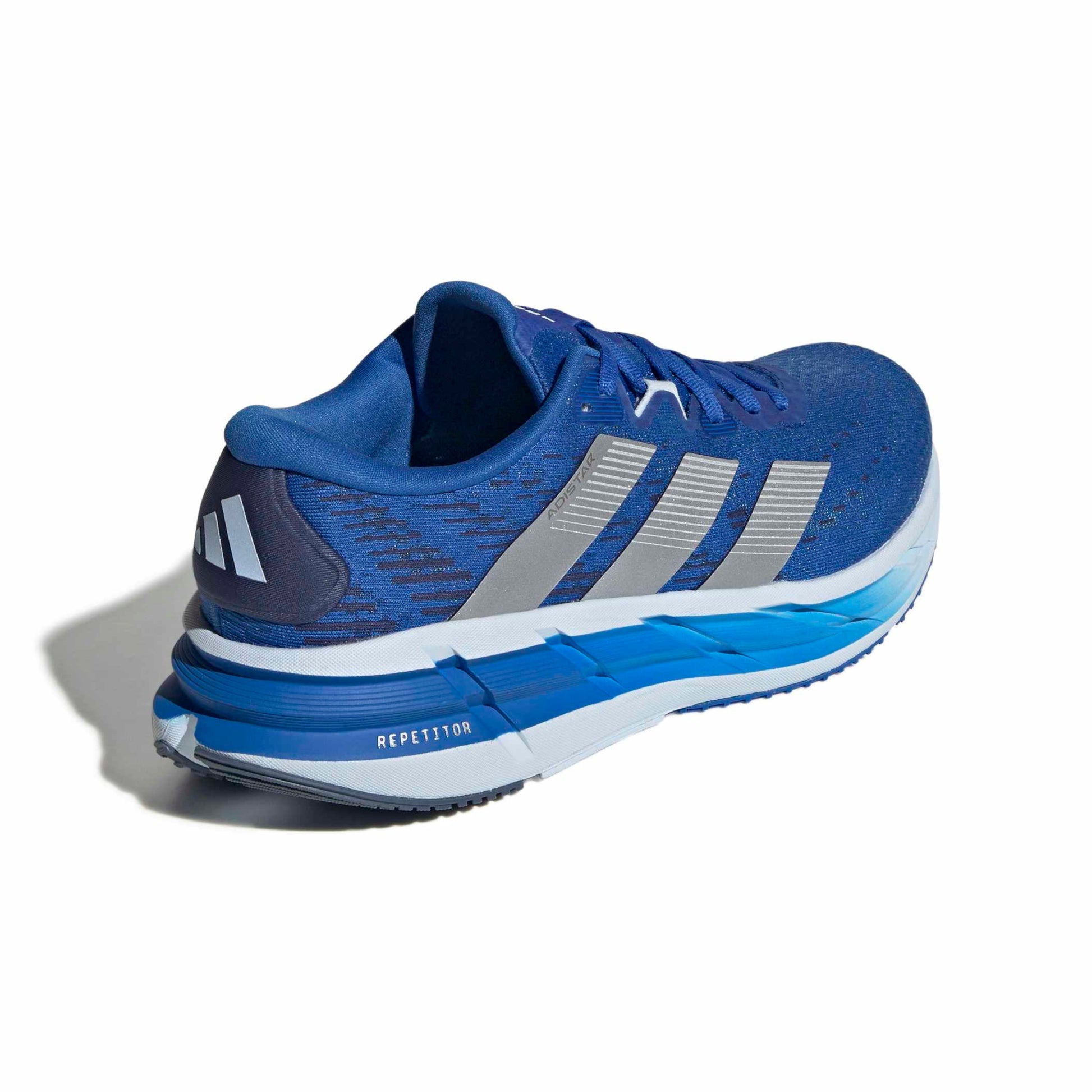Blue adidas running shoe with white stripes on a white background