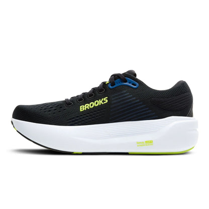 Black Brooks running shoe with white sole and blue accents on a white background