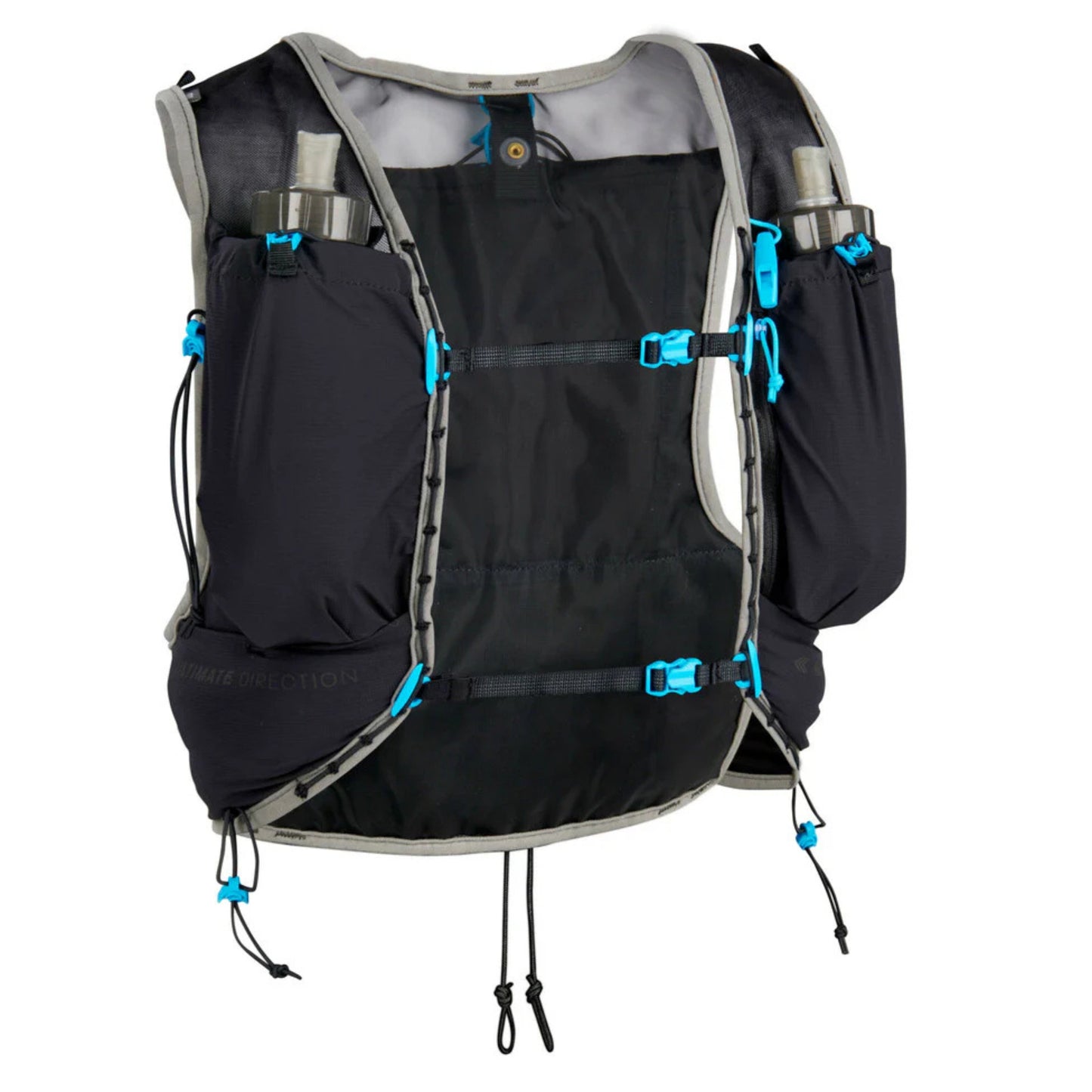 Black hydration vest with blue straps on a white background