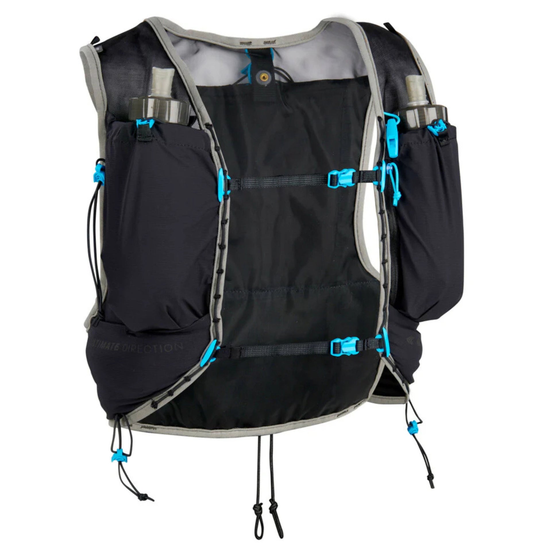 Black hydration vest with blue straps on a white background