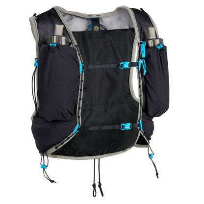 Black hydration vest with blue straps on a white background