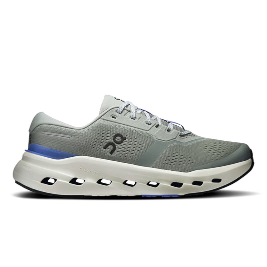 A light gray and white On running shoe with a blue accent stripe and a black On logo, shown from the side on a white background.