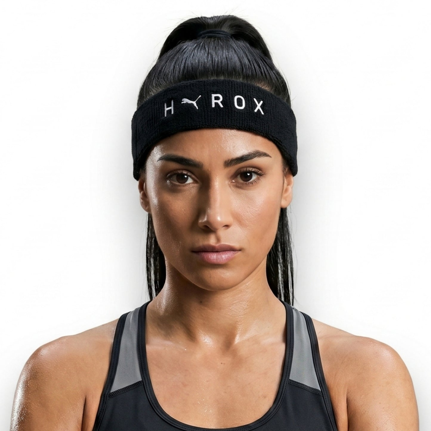 Woman wearing a black headband with 'HYROX' branding on a white background
