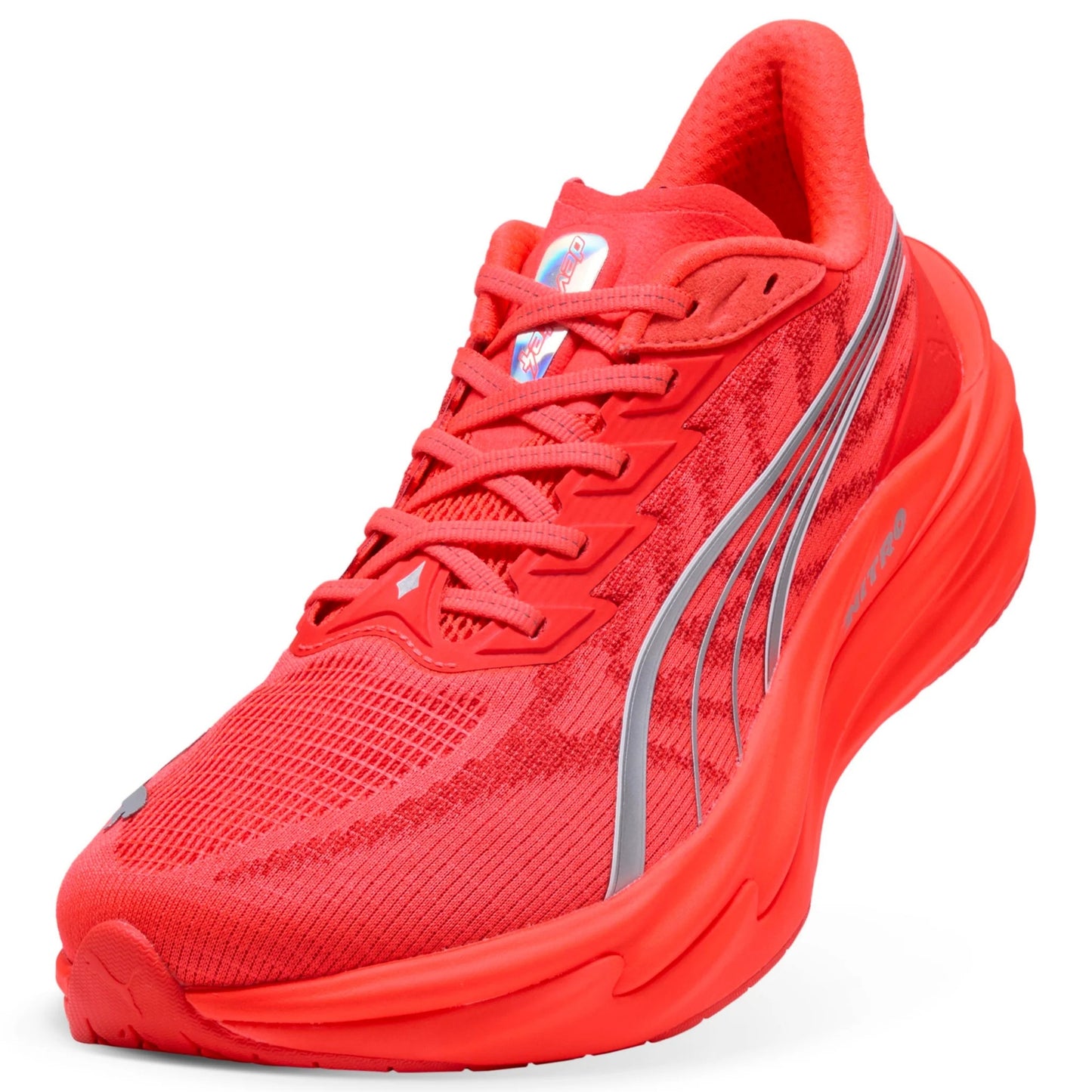 Red Puma running shoe with a white background