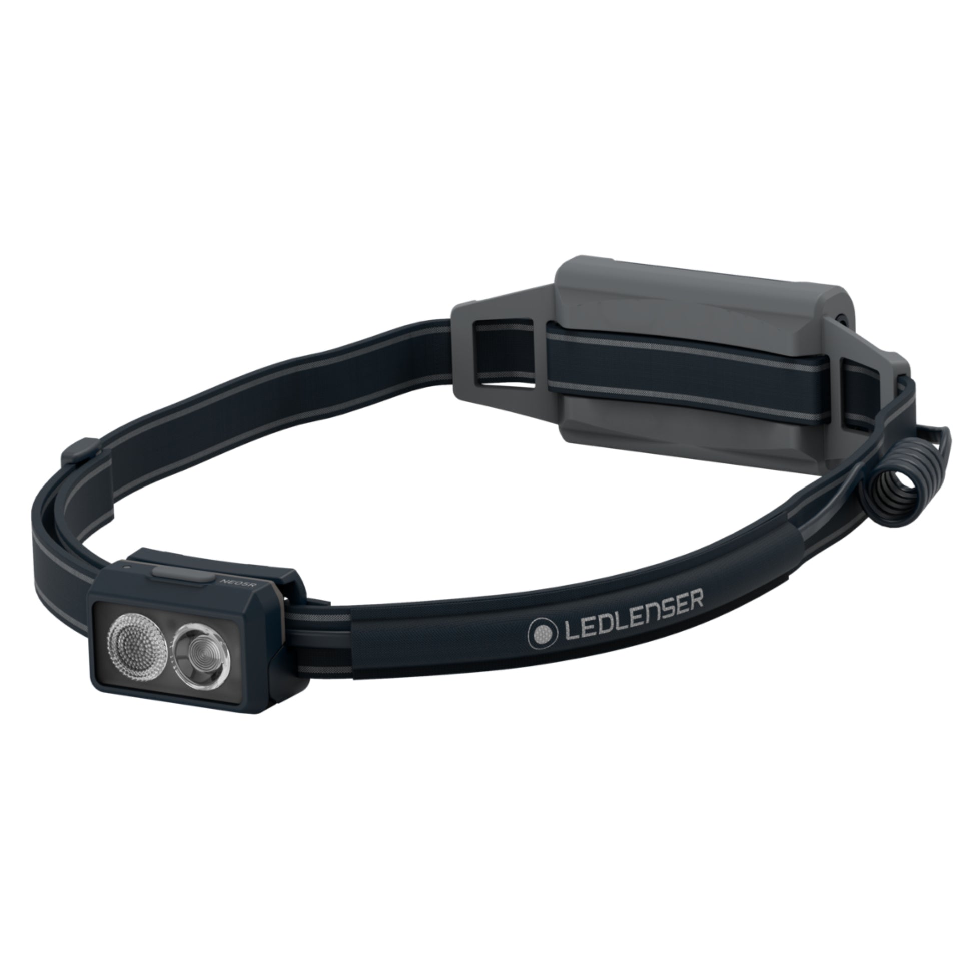 Black LED lenser headlamp on a white background