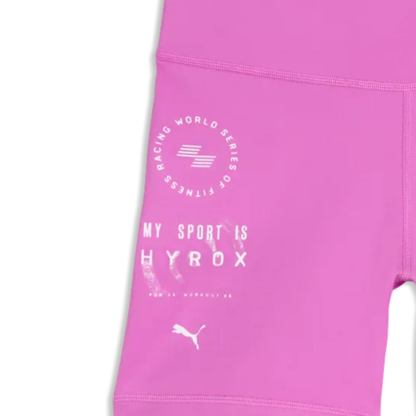Pink Puma tights with 'My Sport is Hyrox' text and Puma logo on a white background