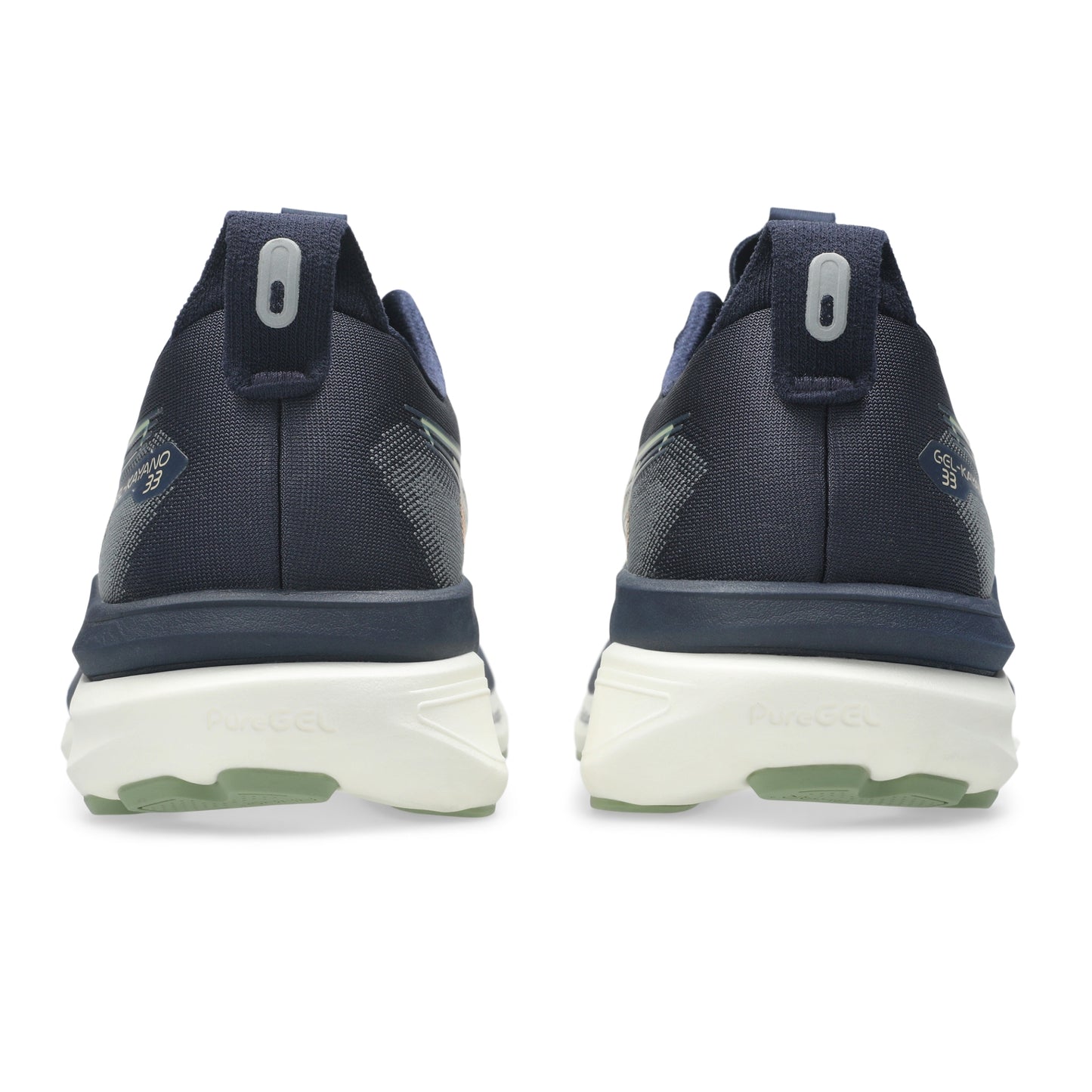 Navy blue Asics running shoes on a white background