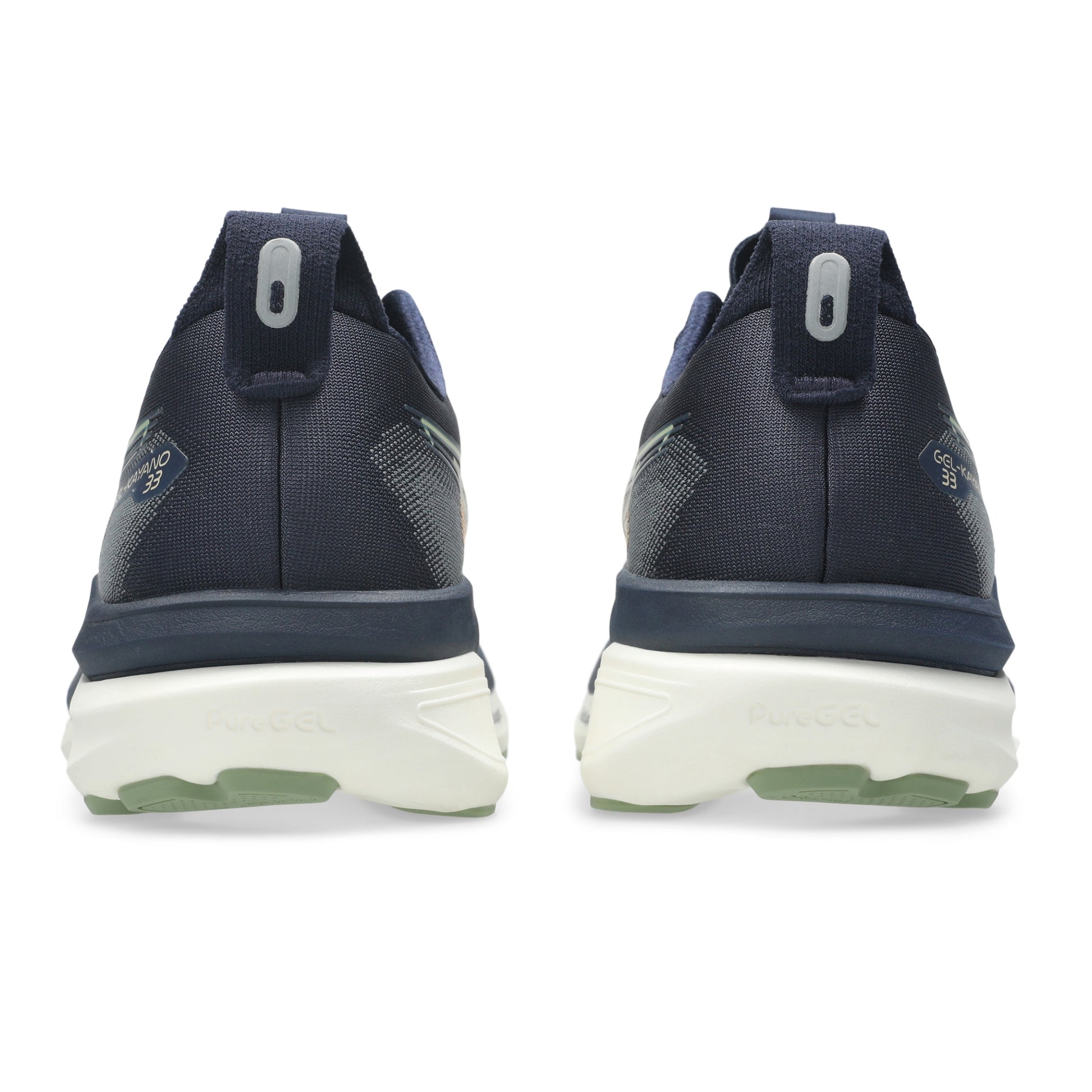 Navy blue Asics running shoes on a white background