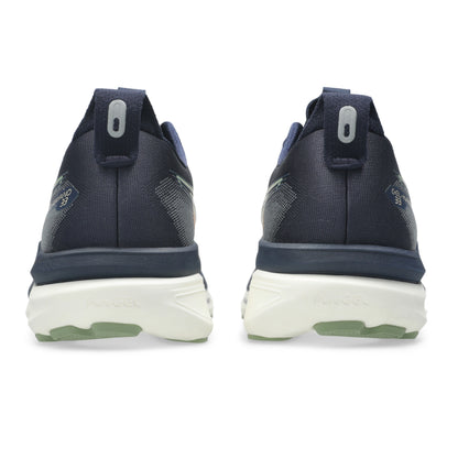 Navy blue Asics running shoes on a white background