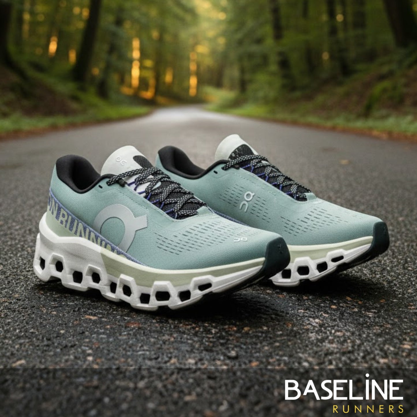 Pair of running shoes on a road with a forest background