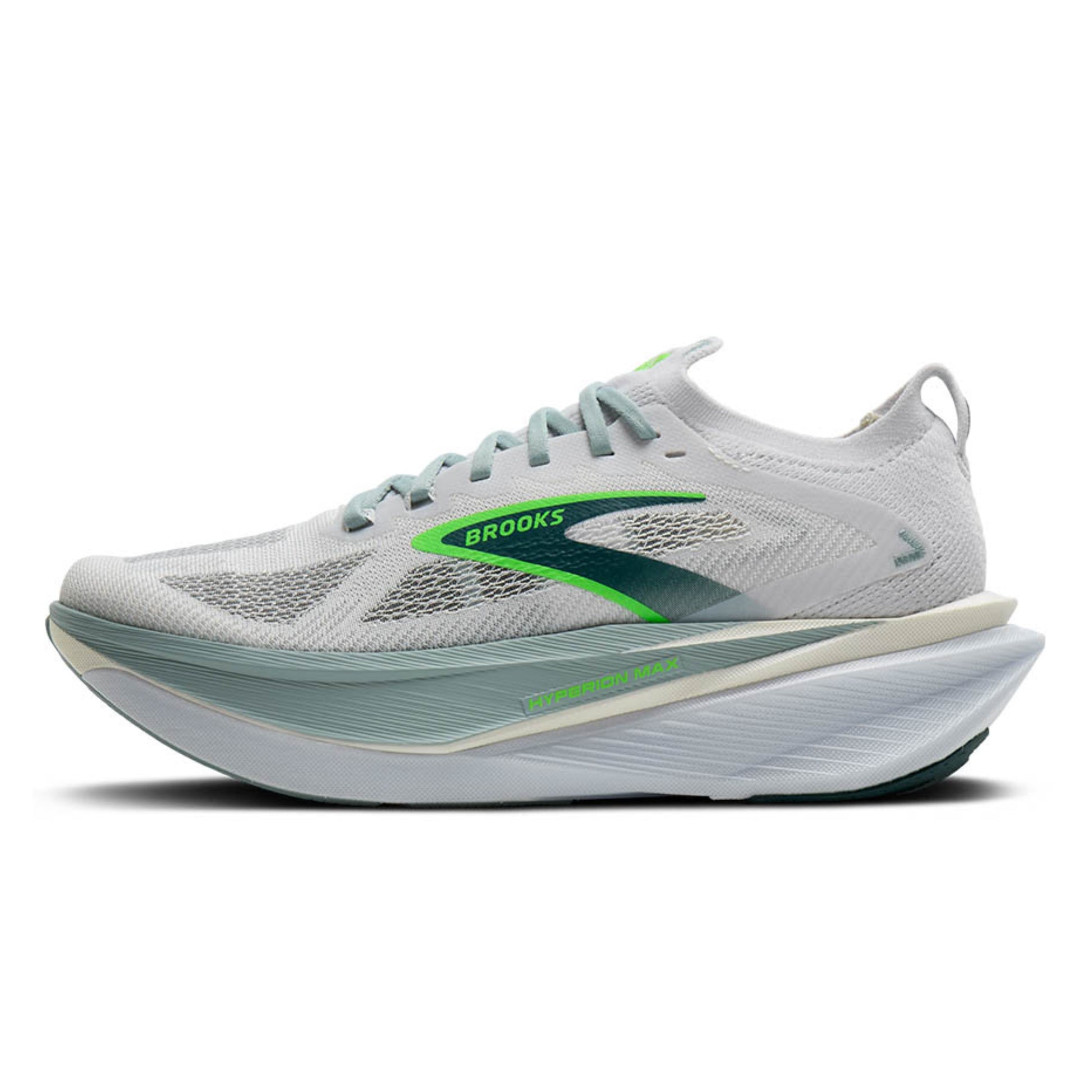 White Brooks running shoe with green accents on a white background