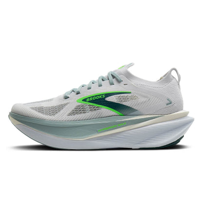 White Brooks running shoe with green accents on a white background