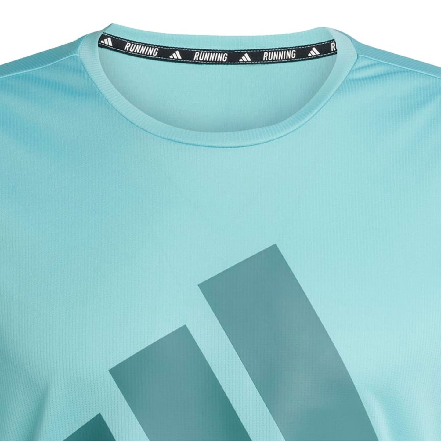 An Adidas mens running shirt focused on the collar with the word Running across it in the inside of the collar