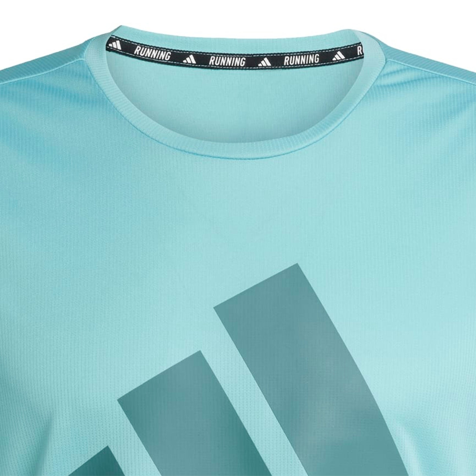 An Adidas mens running shirt focused on the collar with the word Running across it in the inside of the collar