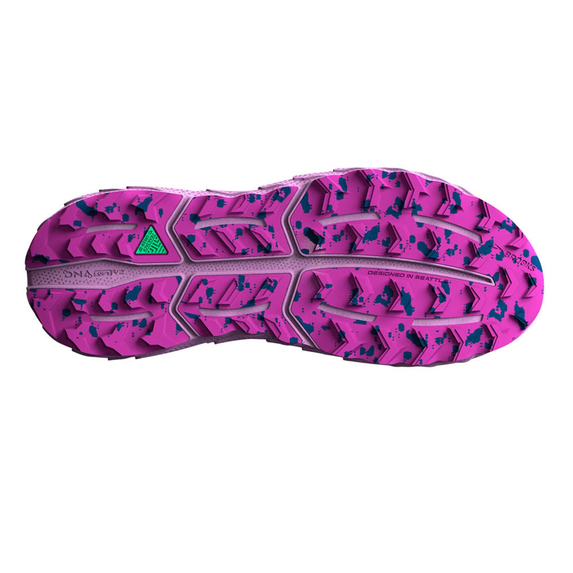 Close-up of a pink and blue sole with a green triangle logo on a white background