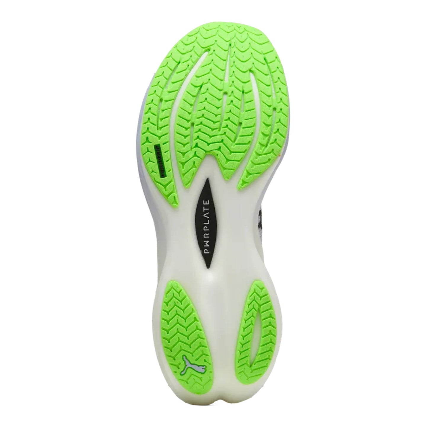 Close-up of a Puma running shoe sole with green tread pattern on a white background
