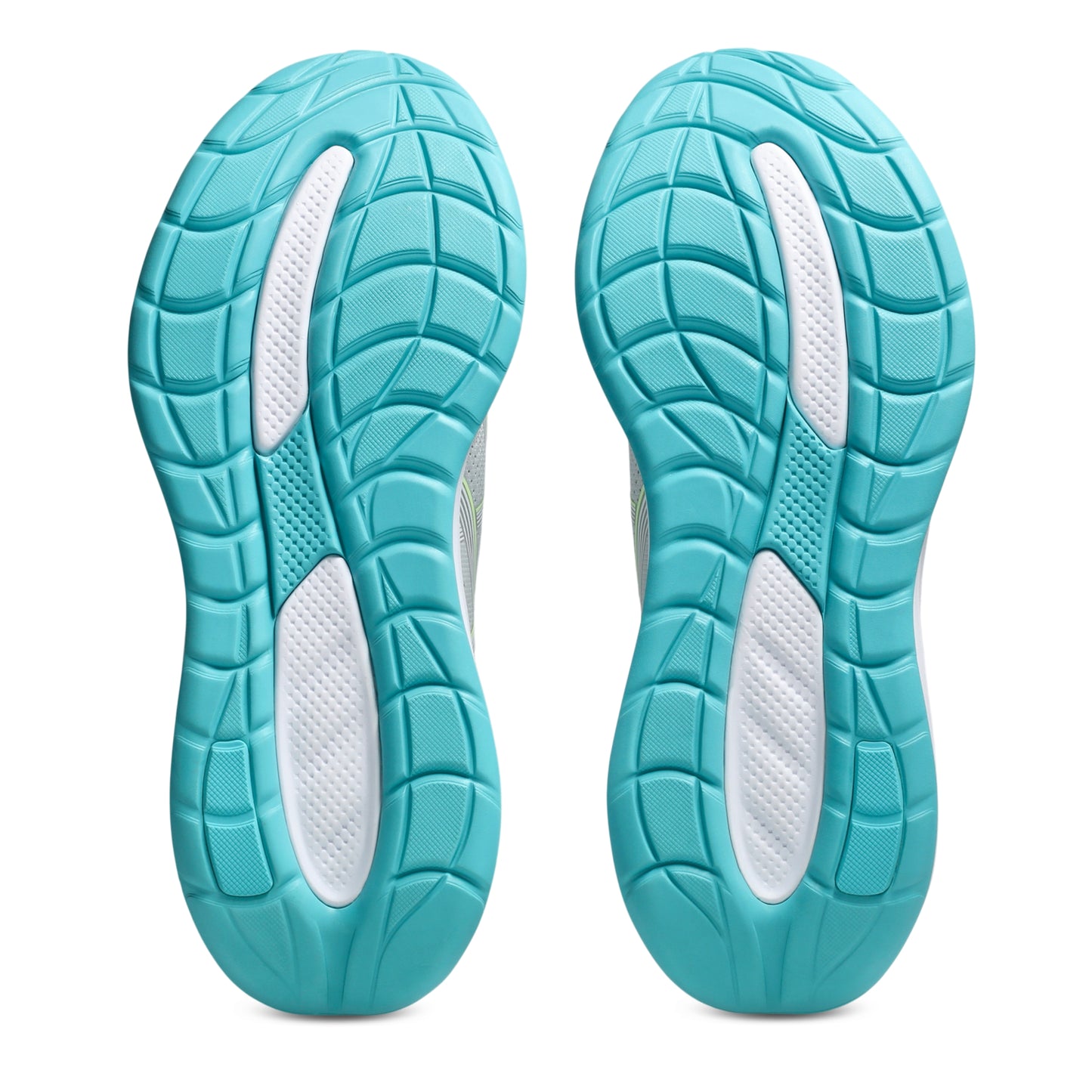 Turquoise shoe soles with white arch support on a white background