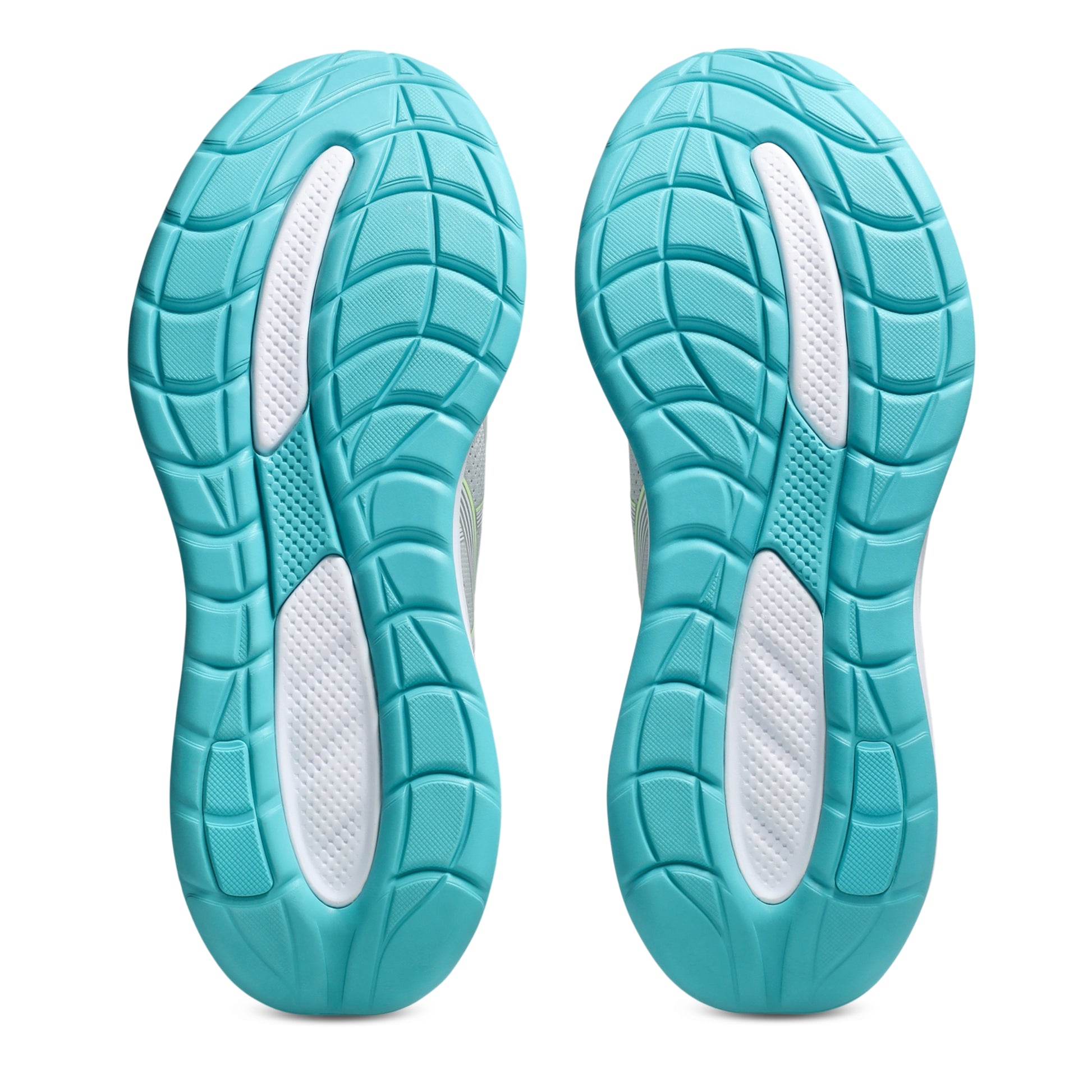 Turquoise shoe soles with white arch support on a white background