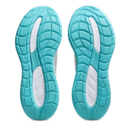 Turquoise shoe soles with white arch support on a white background