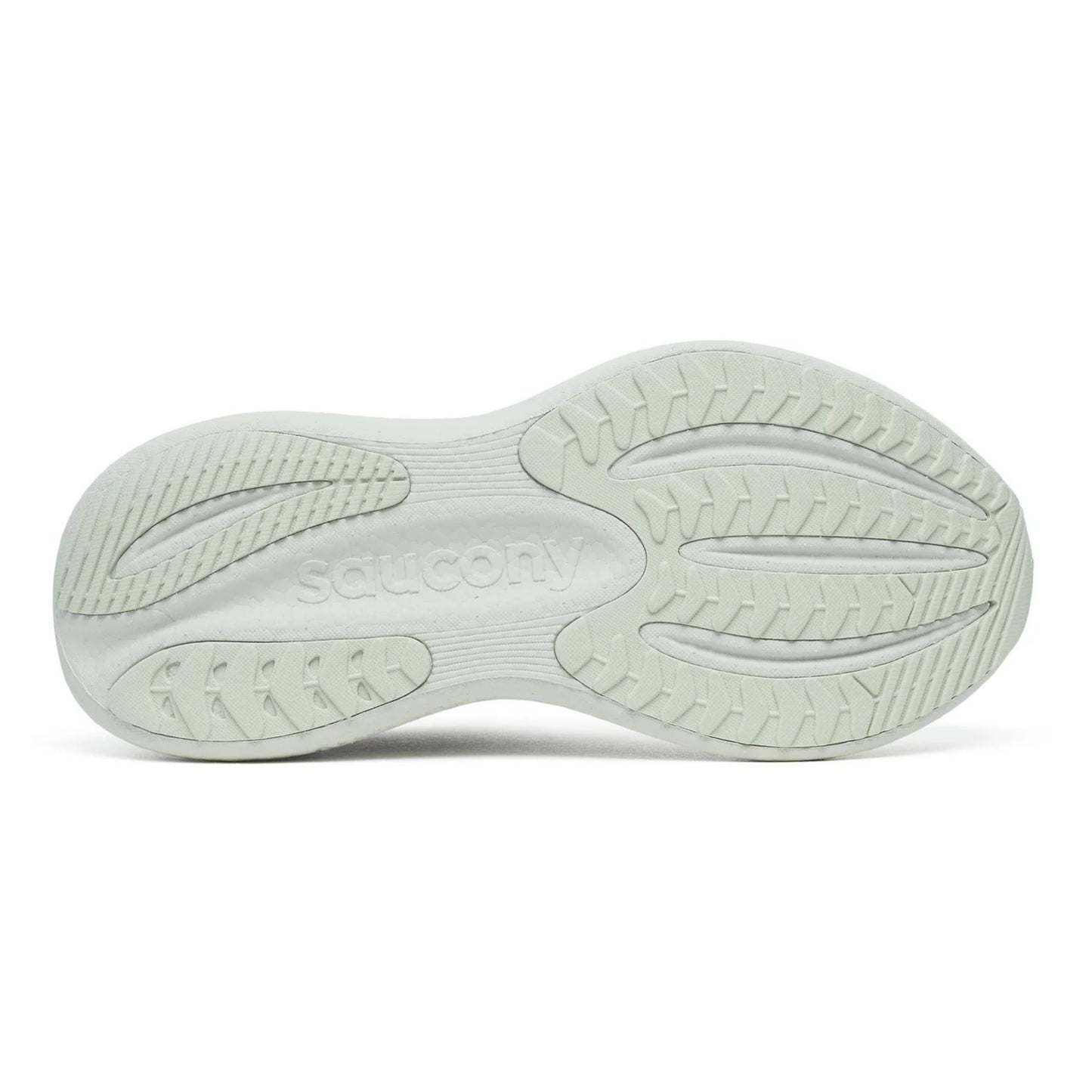 Light green sole with wording Saucony shoe at the bottom