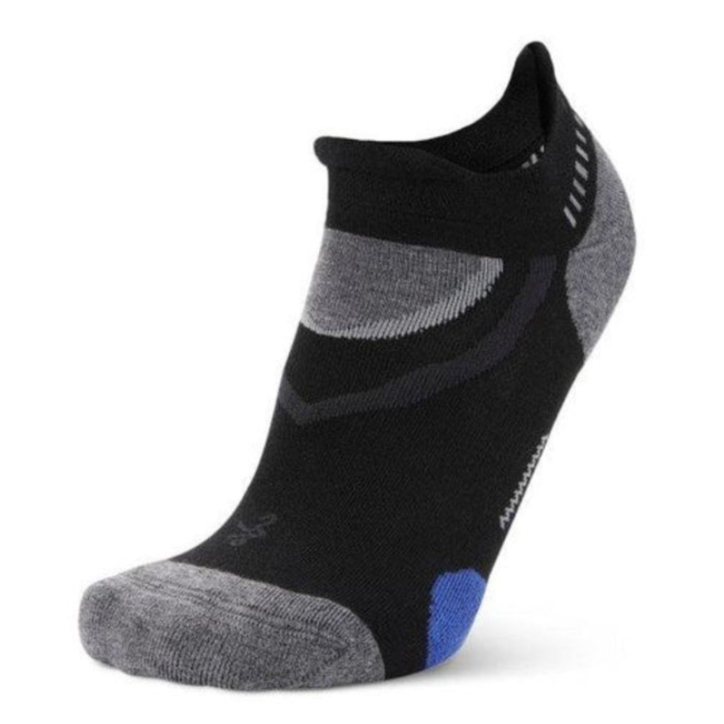Black and gray athletic sock with blue accent on a white background