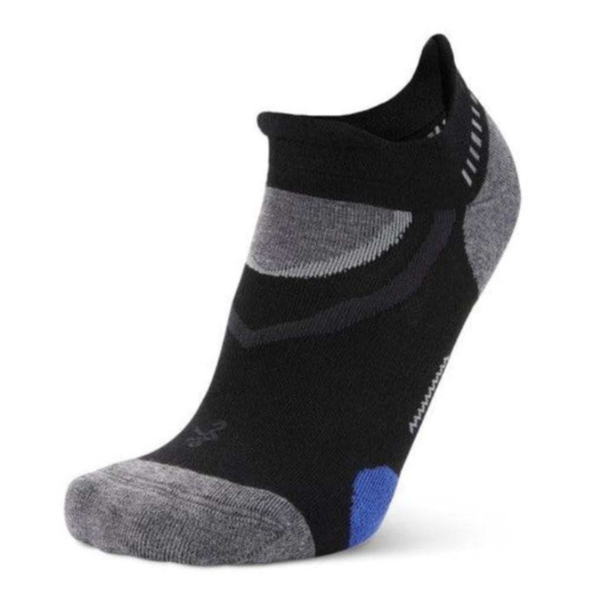 Black and gray athletic sock with blue accent on a white background