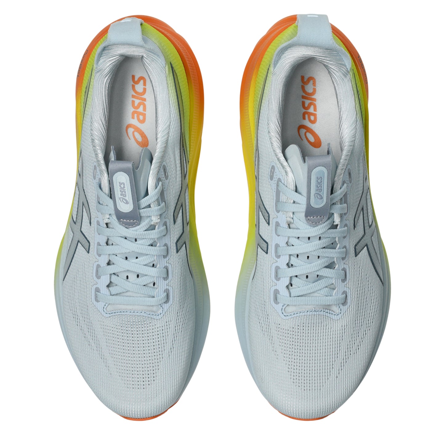 Pair of White and yellow Asics running shoe with orange accents on a white background