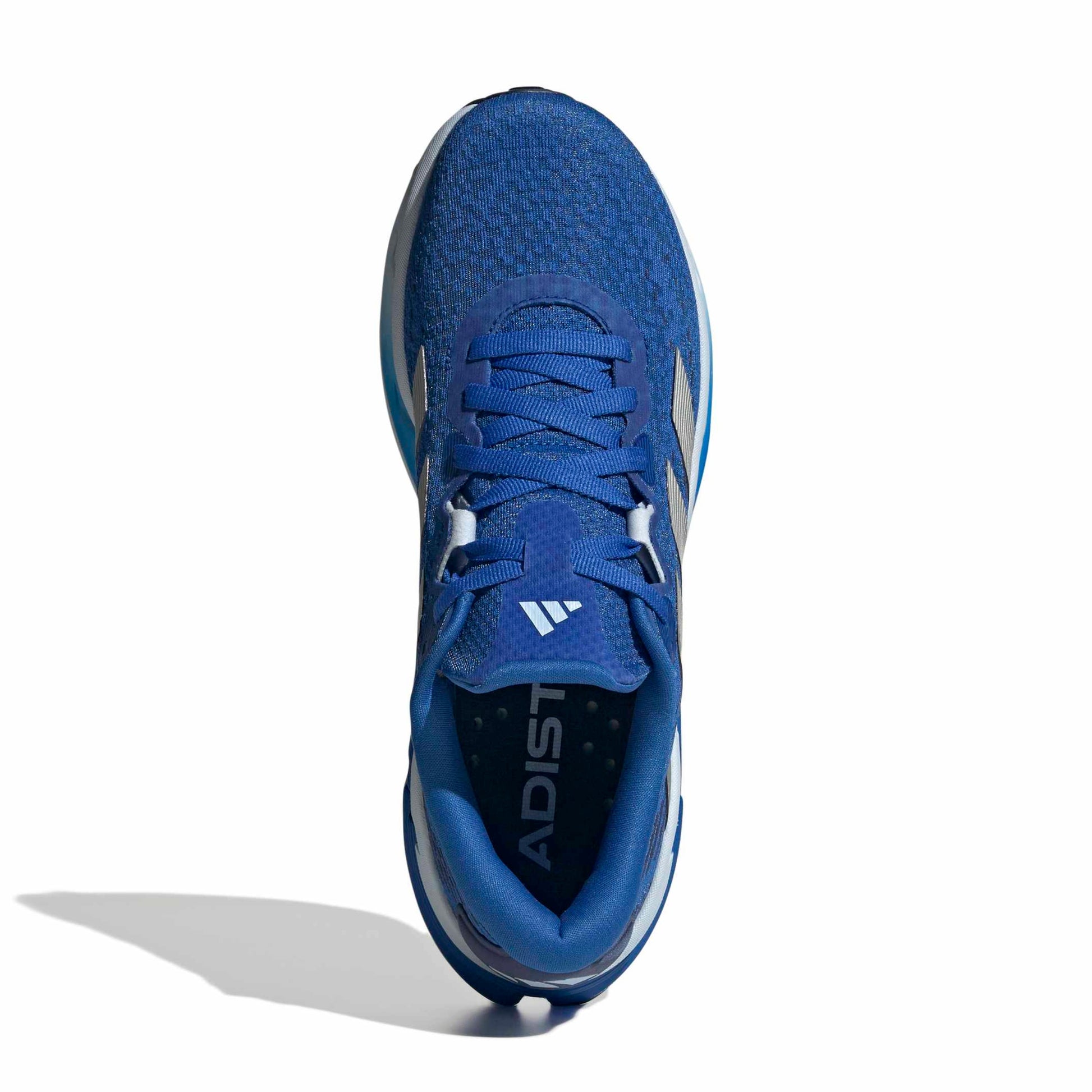 Blue adidas running shoe with the adidas logo on a white background