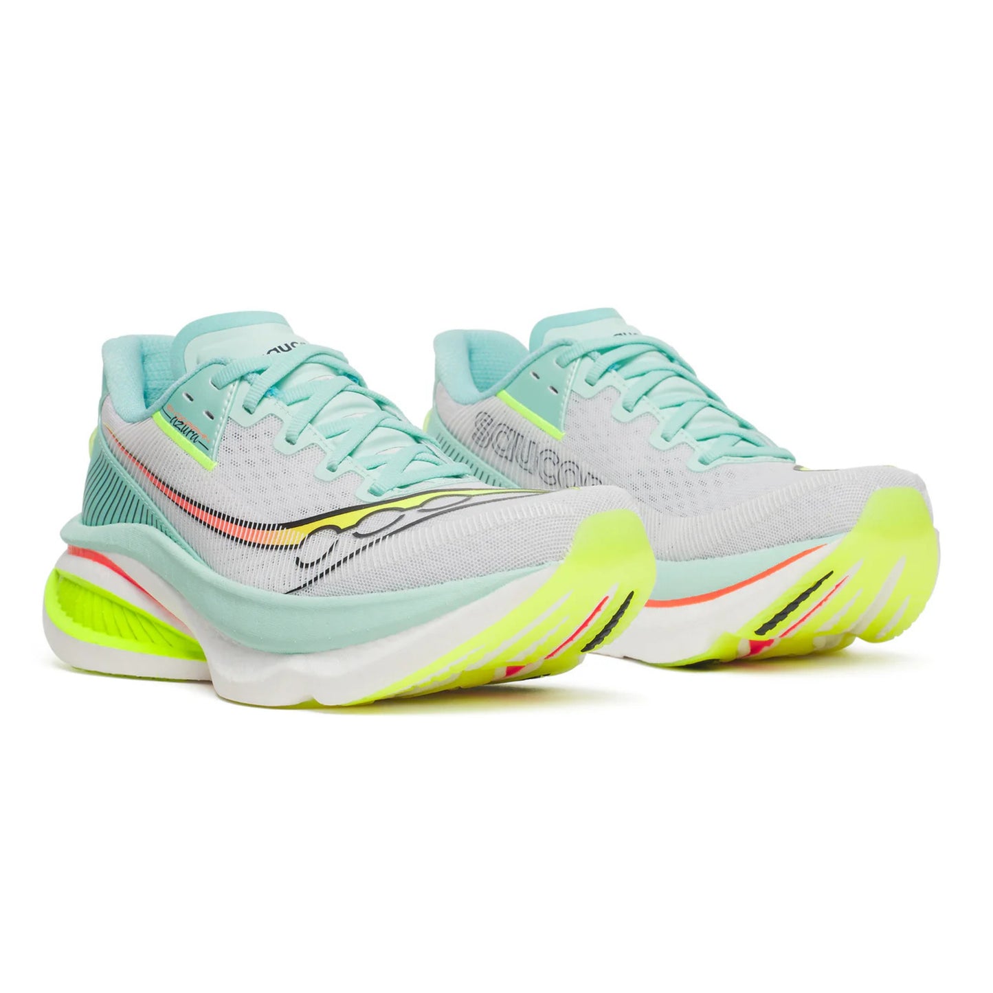 Pair of Turquise and green Saucony running shoes on a white background