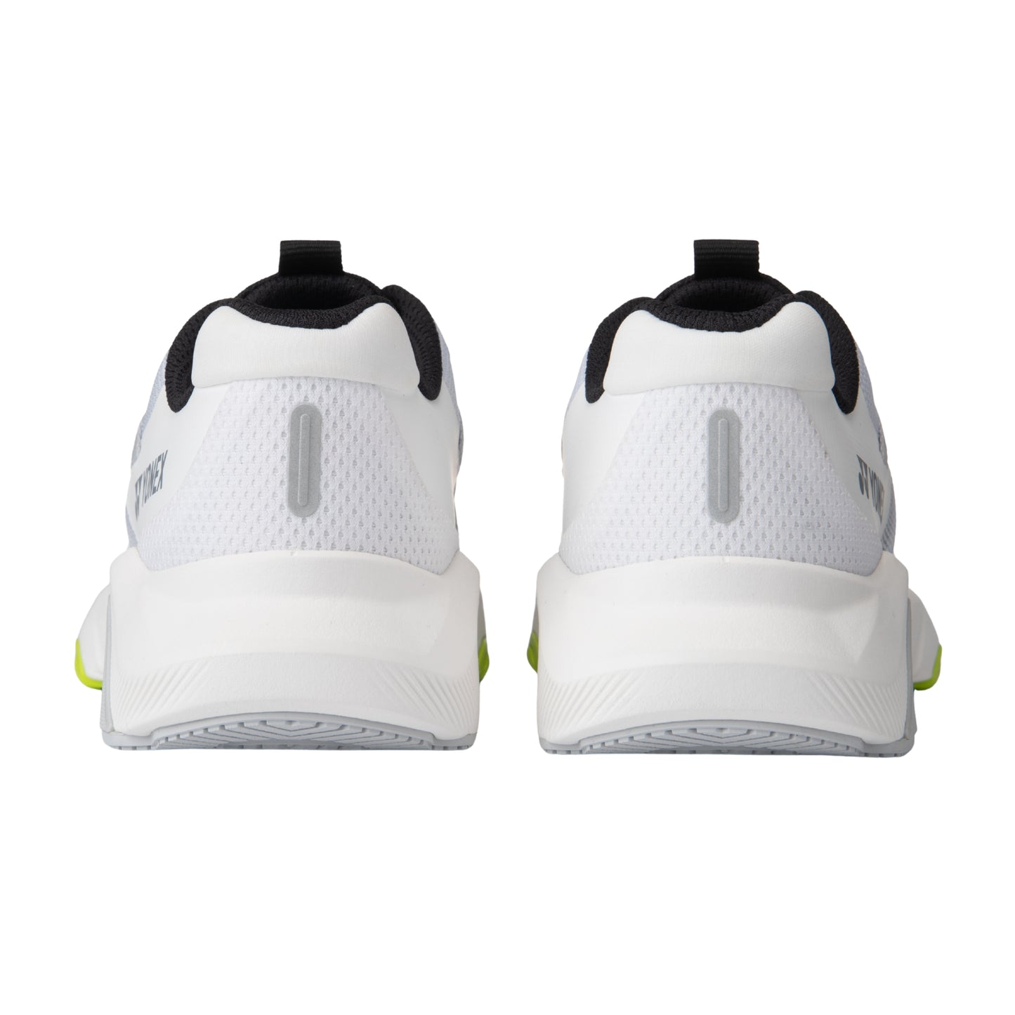 White Yonex running shoes with black and green accents on a white background